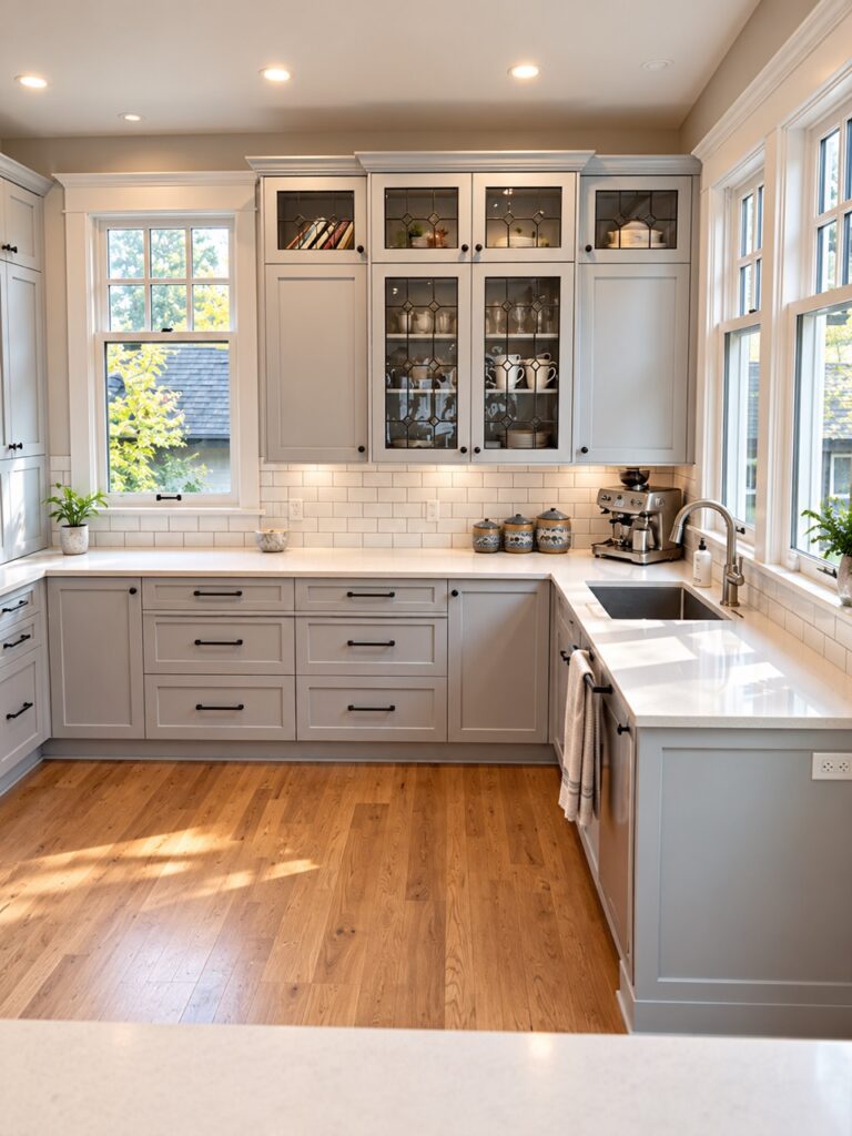 Heritage-style grey shaker kitchen with glass-front upper cabinets by Lighthouse Kitchens