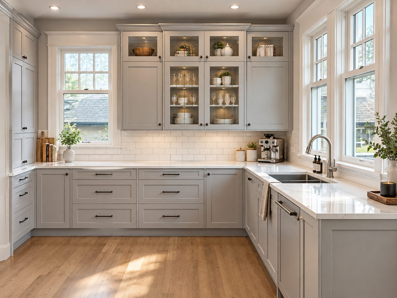 Heritage-style grey shaker kitchen with leaded glass upper doors in a 120-year-old Oak Bay home