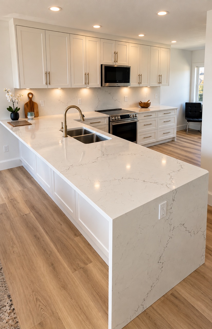 White kitchen with quartz waterfall island by Lighthouse Kitchens